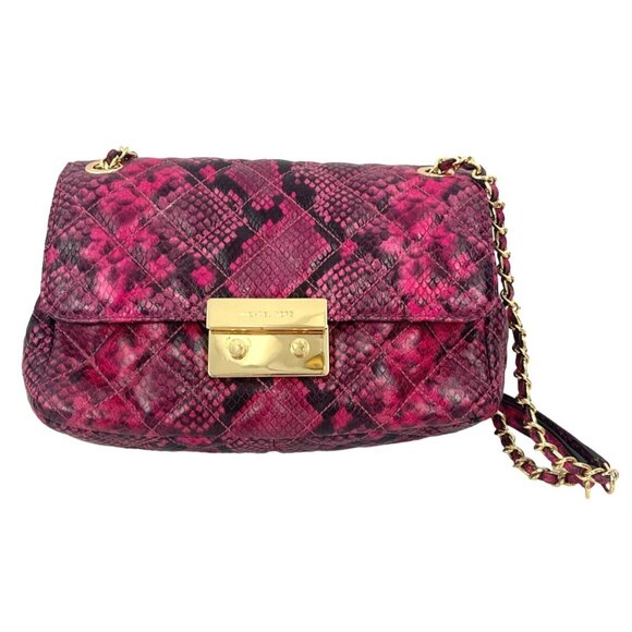 Michael Kors Sloan Pink Snake Print Crossbody Bag With Gold Chain Strap & Logo L - Picture 2 of 10
